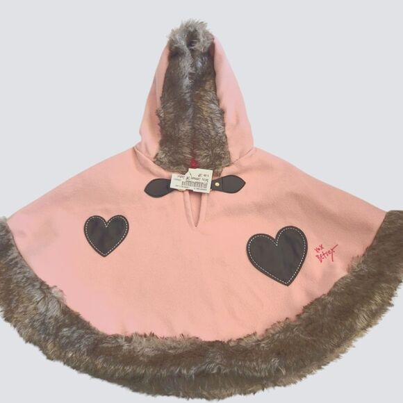 Betsey Johnson Cape Hoodie Toddler Pink Felt With Hearts Faux Fur Sz 18 Mos - Picture 1 of 11